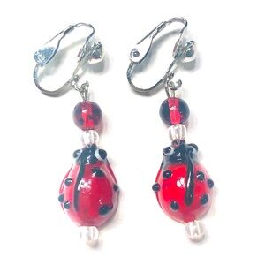 Handmade Red Black Lady Bug Clip-On Earrings Summer Women Gift